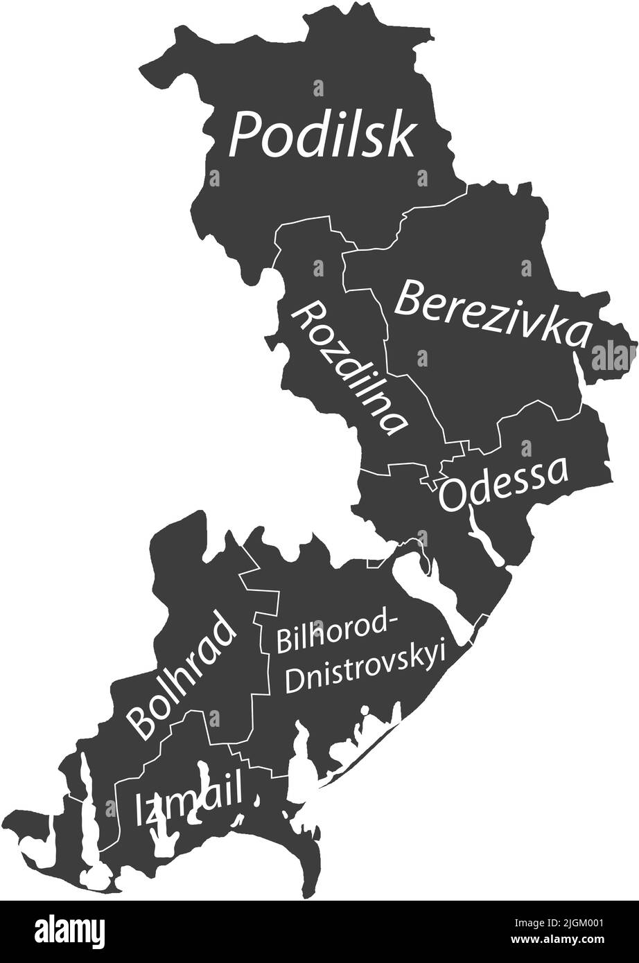 Dunkelgrau getaggte Karte von Raionen des ODESSA-GEBIETS, UKRAINE Stock Vektor
