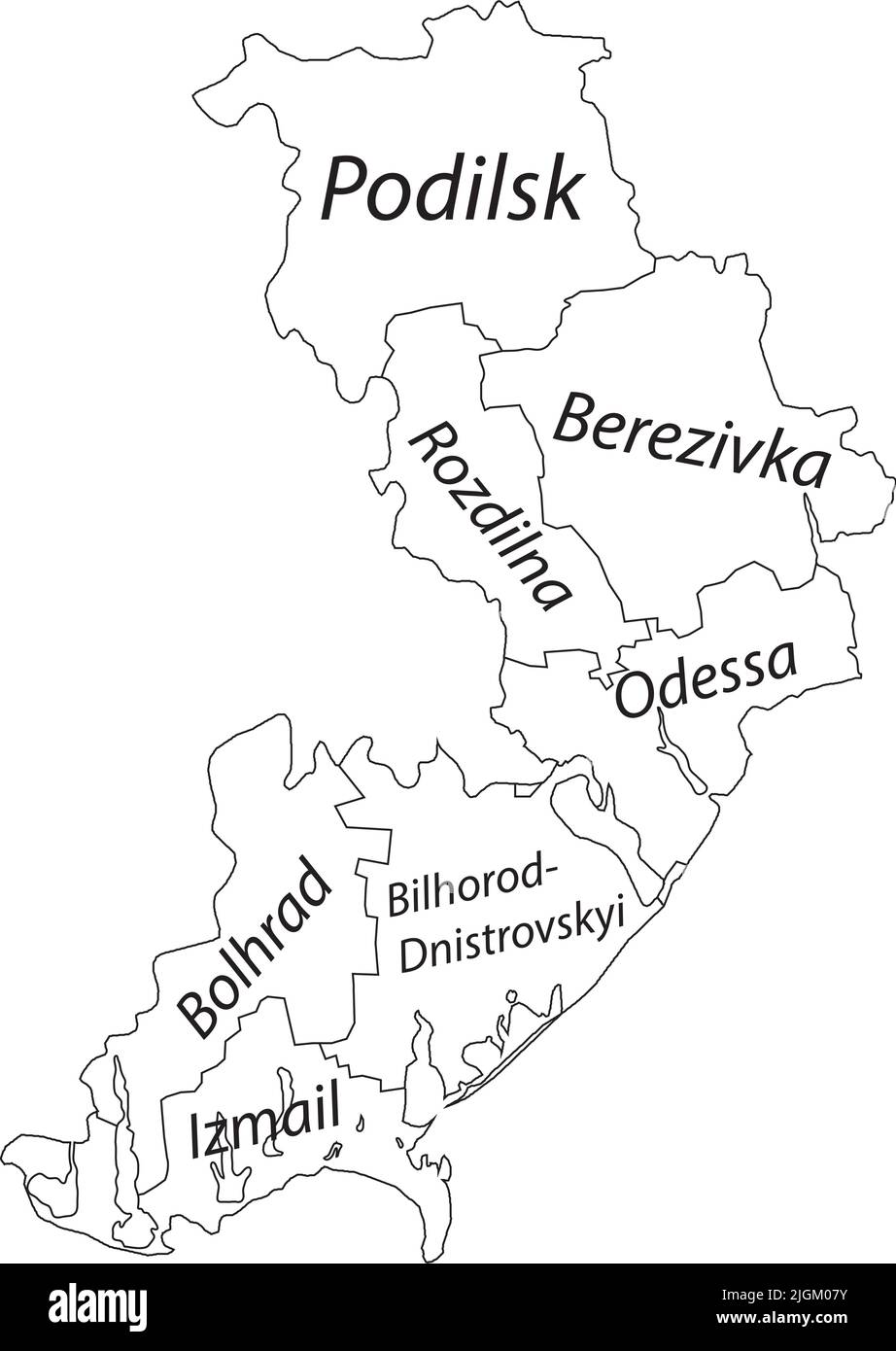 Weiß getaggte Karte von Raionen des ODESSA-GEBIETS, UKRAINE Stock Vektor