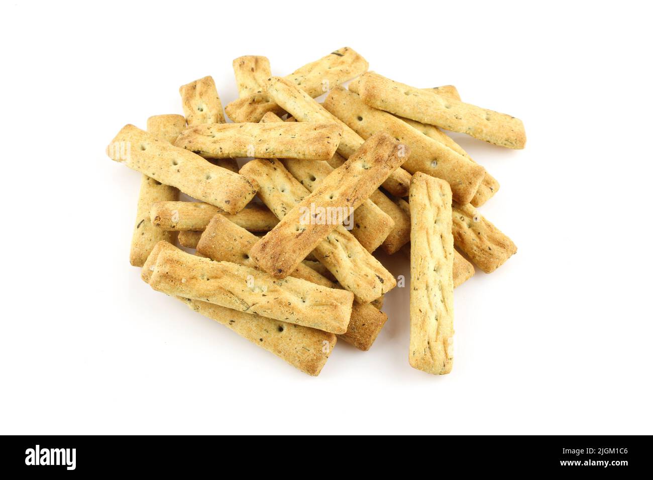 Haufen von salzigen Cracker auf weißem Hintergrund isoliert.Short Stick geformte Diät-Snack Stockfoto