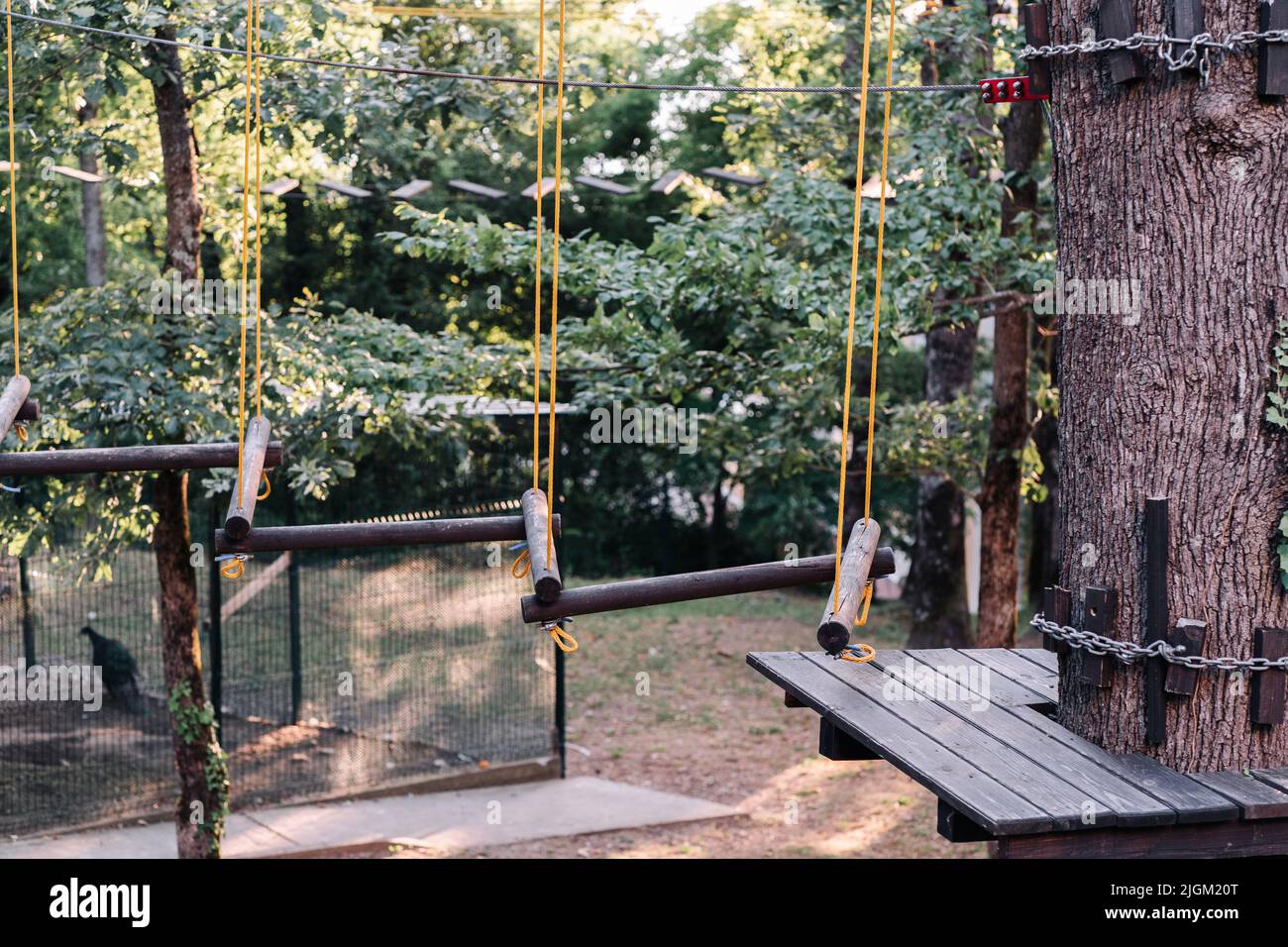 Kletterpark. Das Seil im Kletterwald auf schönem Naturhintergrund Stockfoto