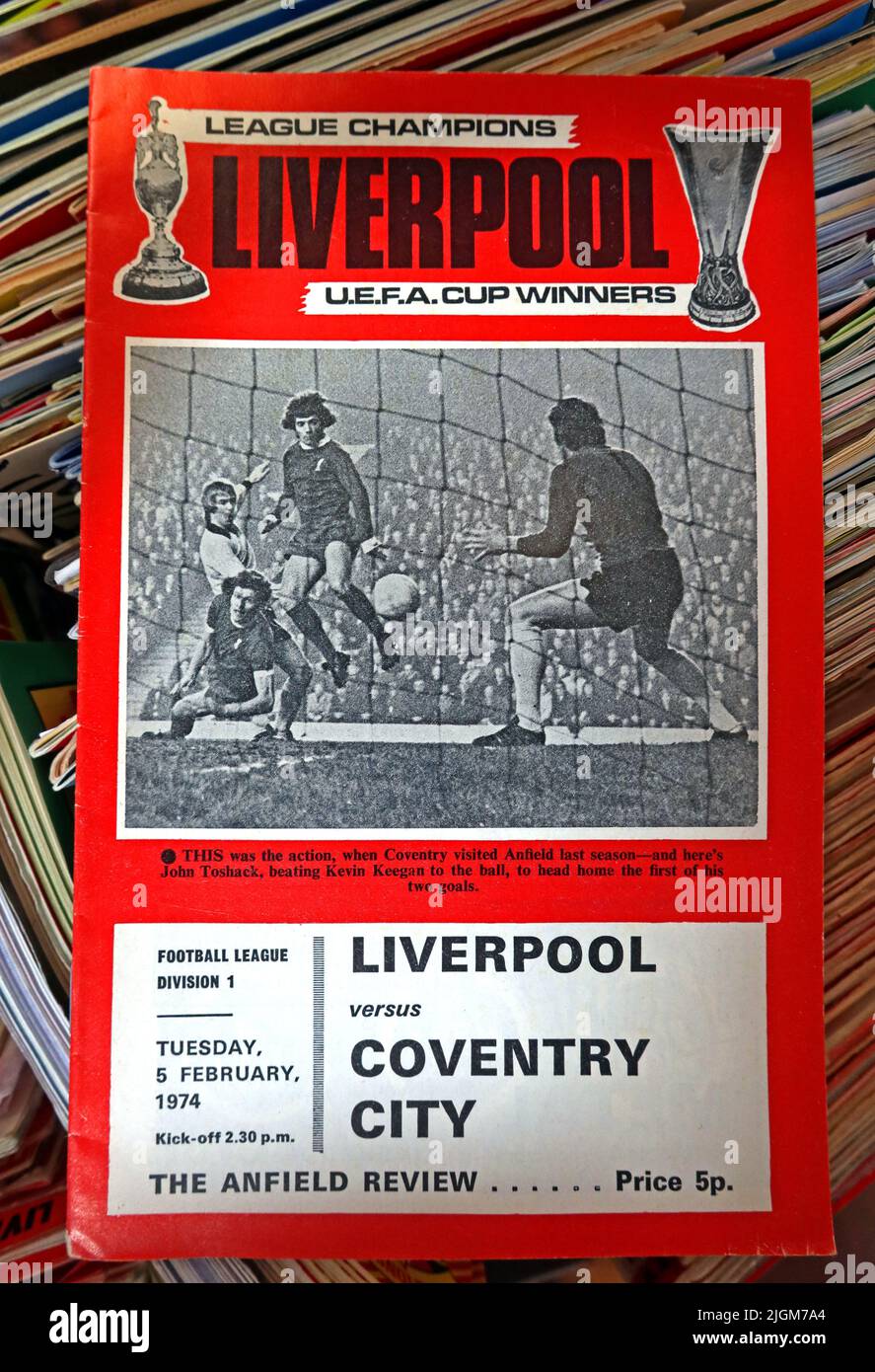 Liverpool Football Club gegen Coventry City FC, Spielprogramm, Dienstag, 05. 02. 1974, Gewinner des UEFA-Pokals Stockfoto