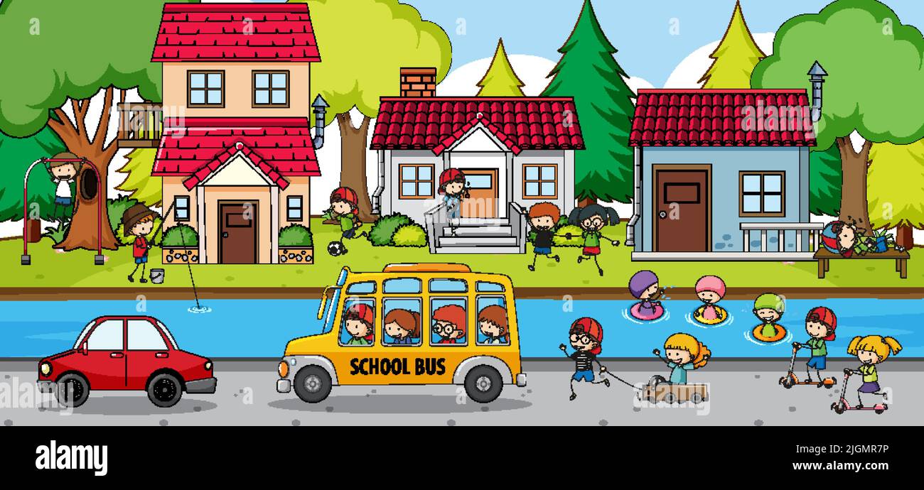 Szene mit vielen Kindern auf Schulbus Illustration Stock Vektor