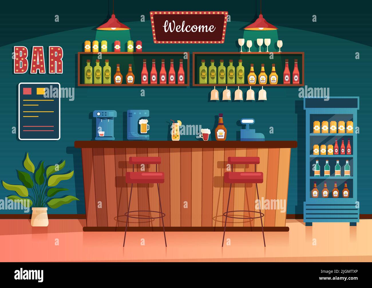 Bar oder Pub am Abend mit Alkoholgetränken Flaschen, Barkeeper, Tisch, Inneneinrichtung und Stühlen im Innenraum in flacher Cartoon-Illustration Stock Vektor