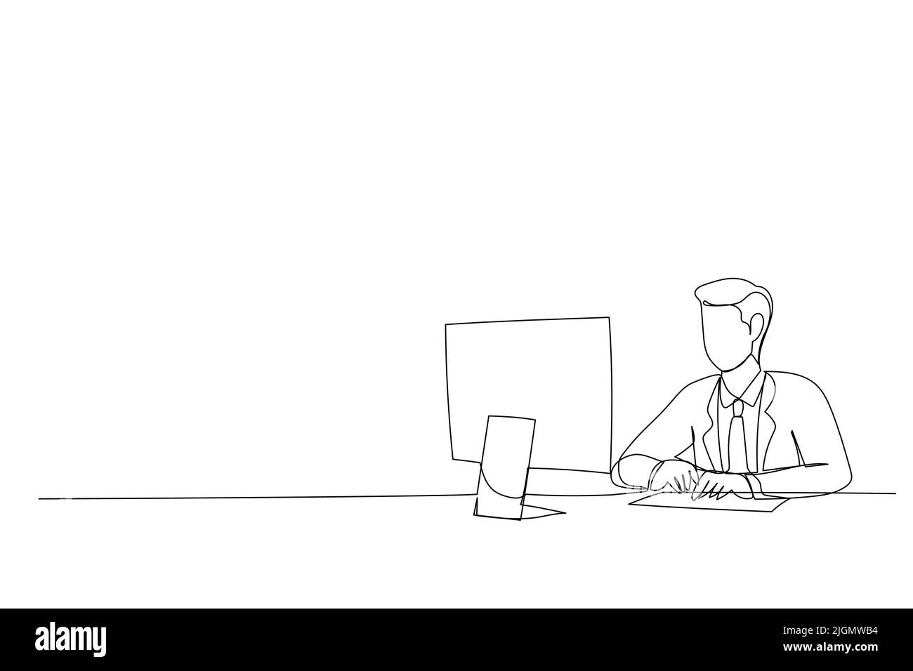 Charakter eines Geschäftsmannes, der Business Computer im Büro oder am Arbeitsplatz verwendet. Einzeiliges Design Stock Vektor