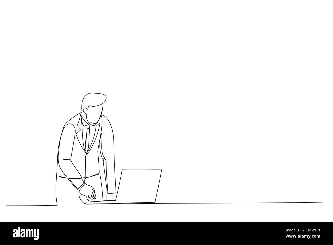 Karikatur des fokussierten ernsthaften jungen Geschäftsmanns professioneller Unternehmer, der am Schreibtisch des Heimbüros steht und am Laptop ansieht und tippt. Einzeiliges Design Stock Vektor
