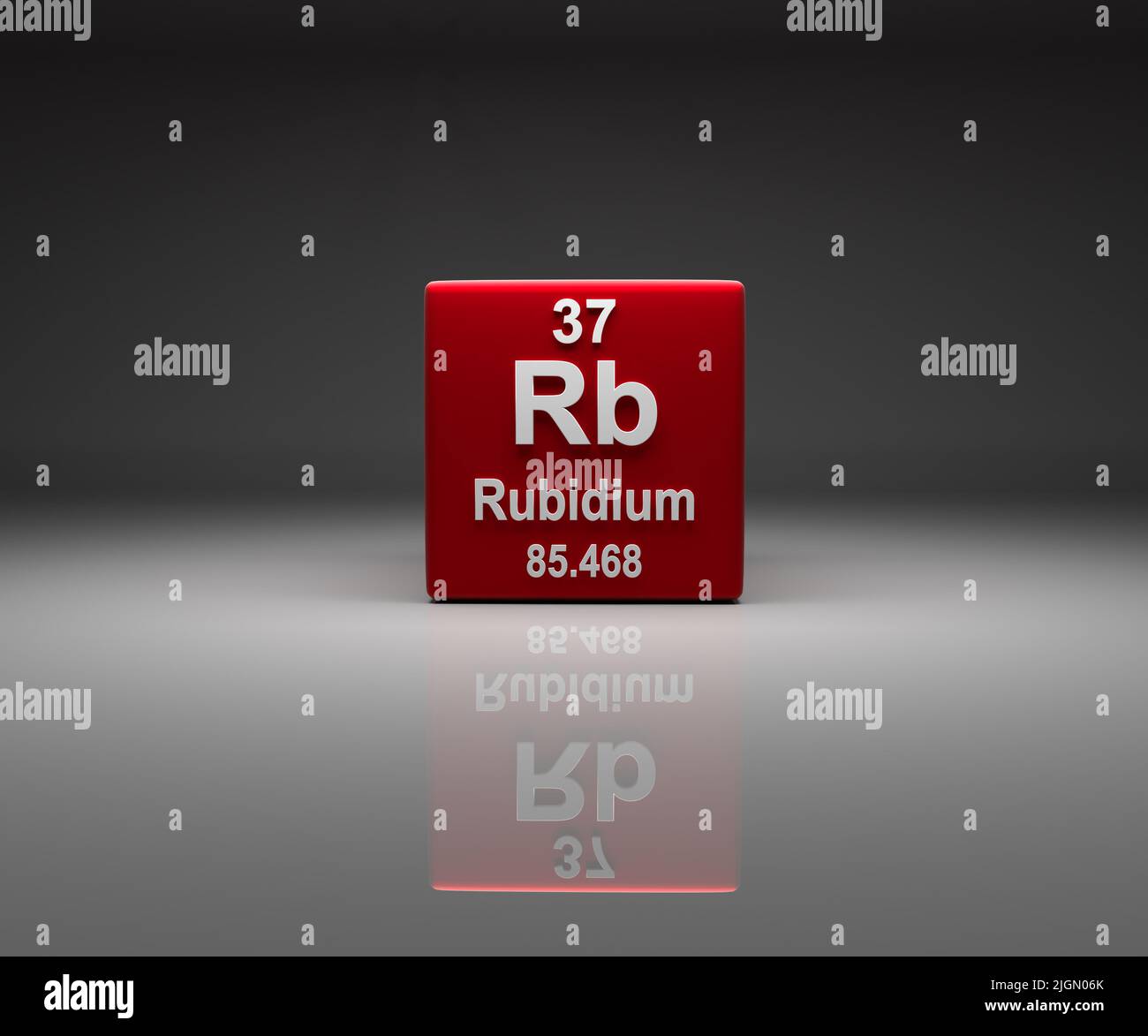 Würfel mit Rubidium-Nummer 37 Periodensystem, 3D Rendering Stockfoto