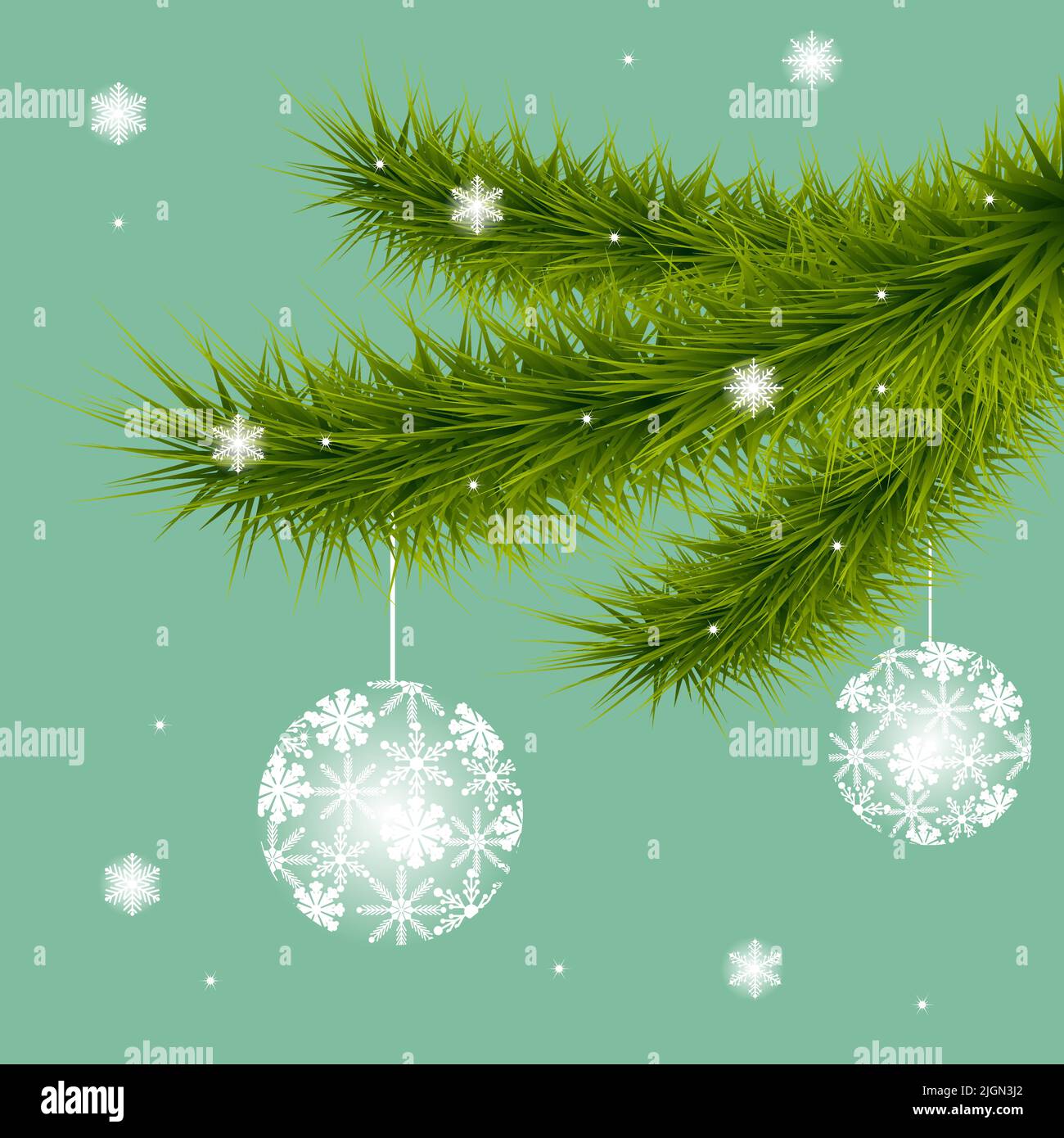 Weihnachtsbaum Zweig mit Kugeln von Schneeflocken Stock Vektor