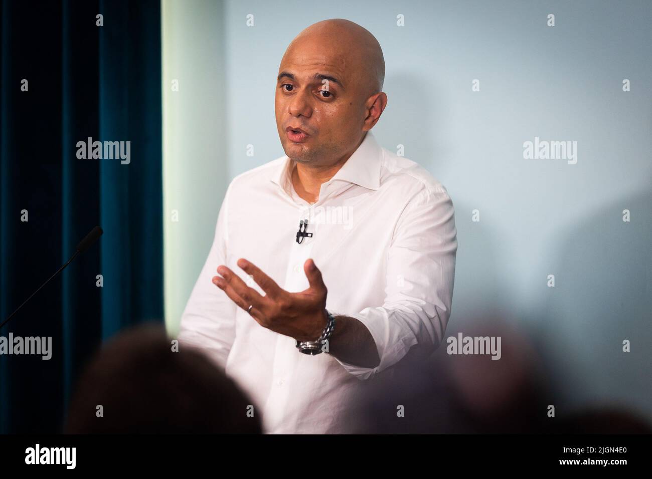 London, Großbritannien. 11.. Juli 2022. Der Kandidat der konservativen Parteiführung, Sajid Javid, MP, spricht beim Start seiner Kampagne in London. Der Zeitplan für den Wettbewerb, um Boris Johnsons Nachfolger als konservativen Führer zu finden, wurde heute vom Ausschuss für 1922 beschlossen, wobei bis zum 5.. September ein neuer Premierminister gewählt werden soll. Kredit: SOPA Images Limited/Alamy Live Nachrichten Stockfoto