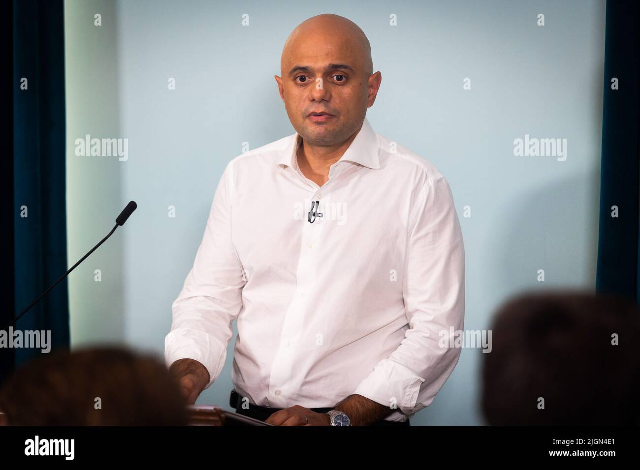 London, Großbritannien. 11.. Juli 2022. Der Kandidat der konservativen Parteiführung, Sajid Javid, MP, spricht beim Start seiner Kampagne in London. Der Zeitplan für den Wettbewerb, um Boris Johnsons Nachfolger als konservativen Führer zu finden, wurde heute vom Ausschuss für 1922 beschlossen, wobei bis zum 5.. September ein neuer Premierminister gewählt werden soll. Kredit: SOPA Images Limited/Alamy Live Nachrichten Stockfoto