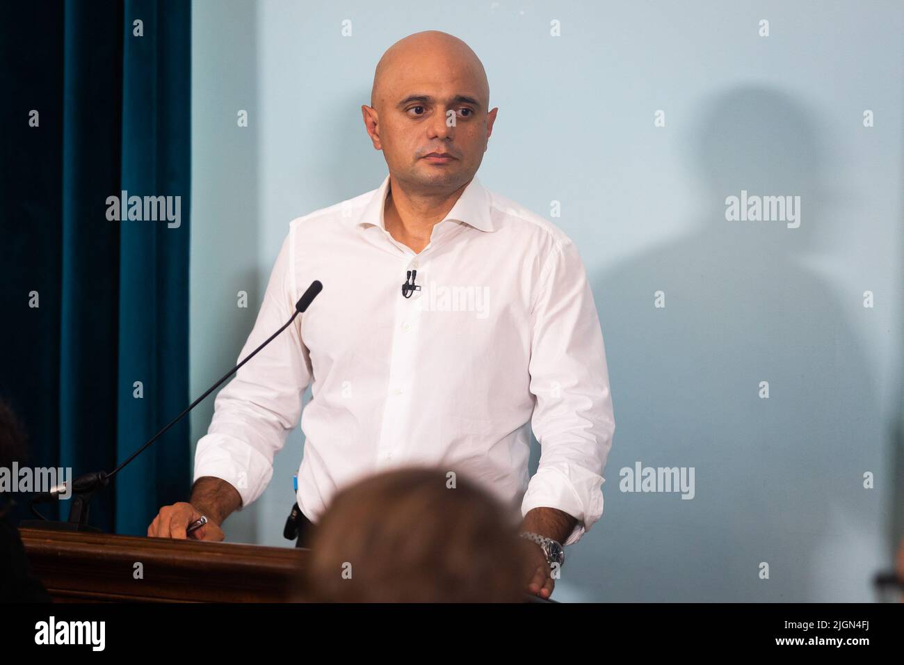 London, Großbritannien. 11.. Juli 2022. Der Kandidat der konservativen Parteiführung, Sajid Javid, MP, spricht beim Start seiner Kampagne in London. Der Zeitplan für den Wettbewerb, um Boris Johnsons Nachfolger als konservativen Führer zu finden, wurde heute vom Ausschuss für 1922 beschlossen, wobei bis zum 5.. September ein neuer Premierminister gewählt werden soll. Kredit: SOPA Images Limited/Alamy Live Nachrichten Stockfoto