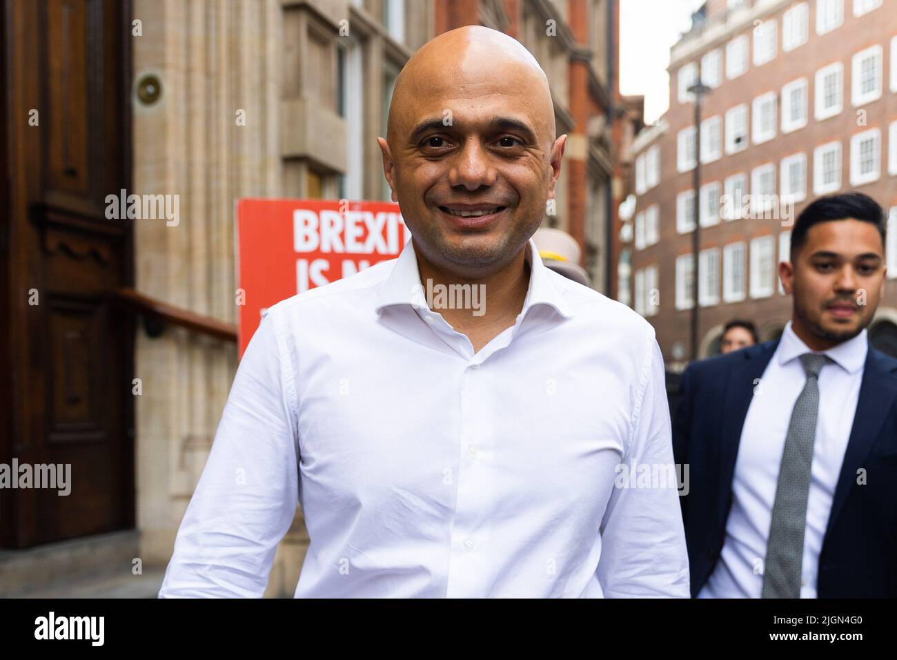 London, Großbritannien. 11.. Juli 2022. Der Kandidat der konservativen Parteiführung, Sajid Javid, scheidet aus, nachdem er seine Kampagne in London gestartet hatte. Der Zeitplan für den Wettbewerb, um Boris Johnsons Nachfolger als konservativen Führer zu finden, wurde heute vom Ausschuss für 1922 beschlossen, wobei bis zum 5.. September ein neuer Premierminister gewählt werden soll. Kredit: SOPA Images Limited/Alamy Live Nachrichten Stockfoto
