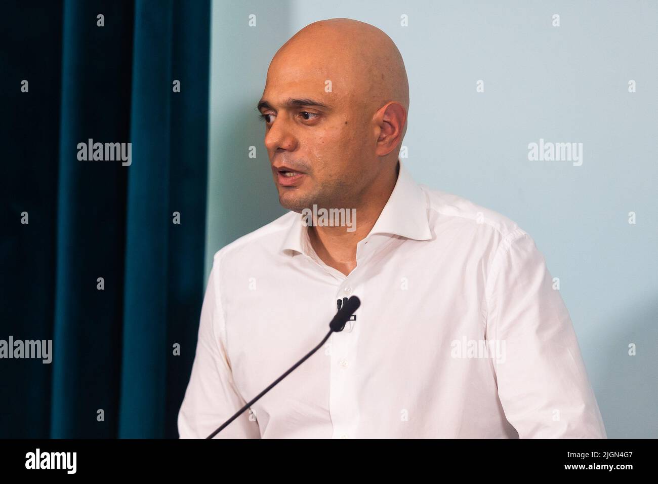 London, Großbritannien. 11.. Juli 2022. Der Kandidat der konservativen Parteiführung, Sajid Javid, MP, spricht beim Start seiner Kampagne in London. Der Zeitplan für den Wettbewerb, um Boris Johnsons Nachfolger als konservativen Führer zu finden, wurde heute vom Ausschuss für 1922 beschlossen, wobei bis zum 5.. September ein neuer Premierminister gewählt werden soll. Kredit: SOPA Images Limited/Alamy Live Nachrichten Stockfoto