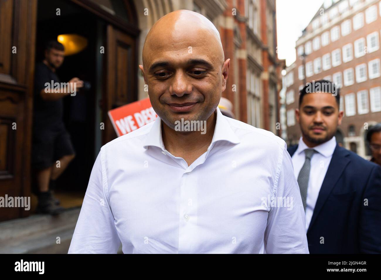 London, Großbritannien. 11.. Juli 2022. Der Kandidat der konservativen Parteiführung, Sajid Javid, scheidet aus, nachdem er seine Kampagne in London gestartet hatte. Der Zeitplan für den Wettbewerb, um Boris Johnsons Nachfolger als konservativen Führer zu finden, wurde heute vom Ausschuss für 1922 beschlossen, wobei bis zum 5.. September ein neuer Premierminister gewählt werden soll. Kredit: SOPA Images Limited/Alamy Live Nachrichten Stockfoto