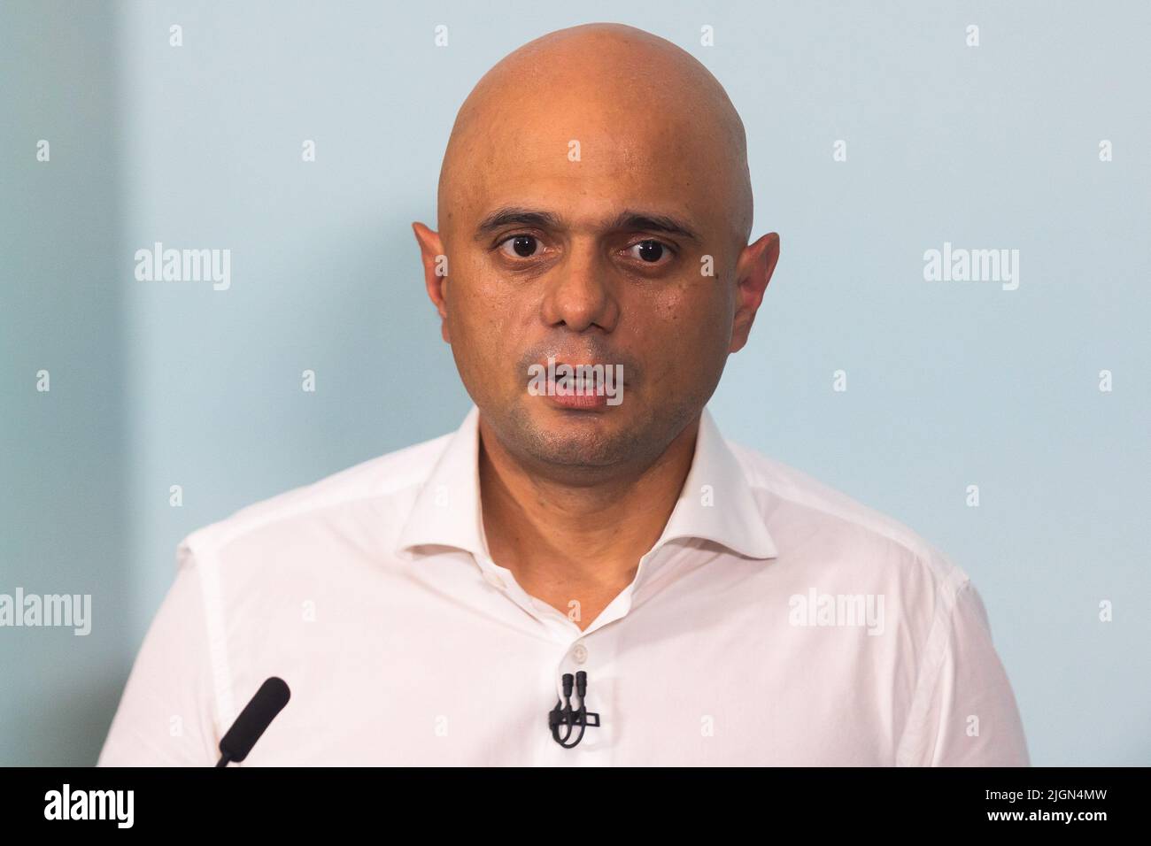 London, Großbritannien. 11.. Juli 2022. Der Kandidat der konservativen Parteiführung, Sajid Javid, MP, spricht beim Start seiner Kampagne in London. Der Zeitplan für den Wettbewerb, um Boris Johnsons Nachfolger als konservativen Führer zu finden, wurde heute vom Ausschuss für 1922 beschlossen, wobei bis zum 5.. September ein neuer Premierminister gewählt werden soll. (Foto von Tejas Sandhu/SOPA Images/Sipa USA) Quelle: SIPA USA/Alamy Live News Stockfoto