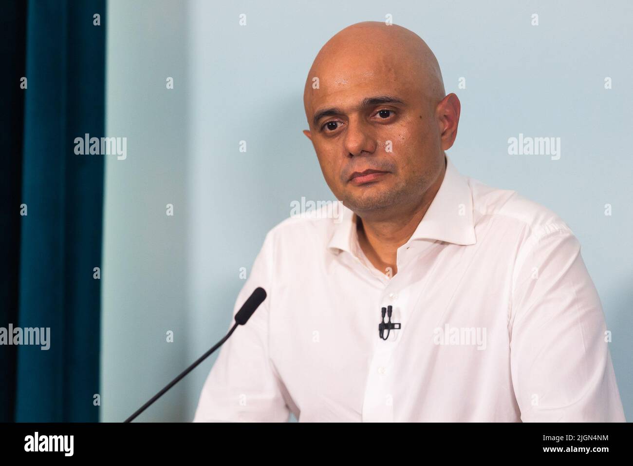 London, Großbritannien. 11.. Juli 2022. Der Kandidat der konservativen Parteiführung, Sajid Javid, MP, spricht beim Start seiner Kampagne in London. Der Zeitplan für den Wettbewerb, um Boris Johnsons Nachfolger als konservativen Führer zu finden, wurde heute vom Ausschuss für 1922 beschlossen, wobei bis zum 5.. September ein neuer Premierminister gewählt werden soll. (Foto von Tejas Sandhu/SOPA Images/Sipa USA) Quelle: SIPA USA/Alamy Live News Stockfoto