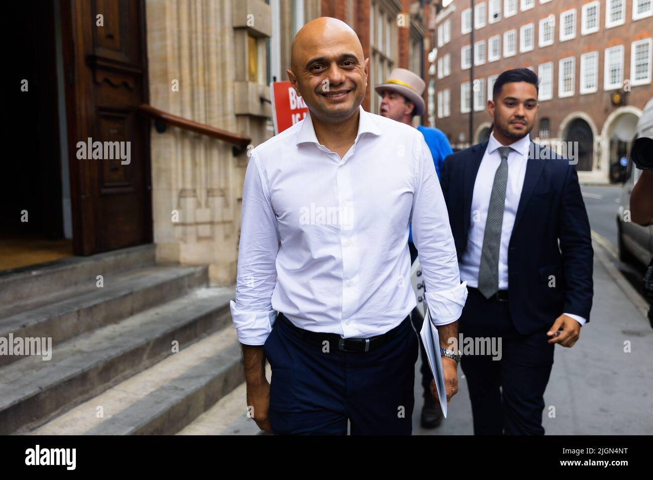 London, Großbritannien. 11.. Juli 2022. Der Kandidat der konservativen Parteiführung, Sajid Javid, scheidet aus, nachdem er seine Kampagne in London gestartet hatte. Der Zeitplan für den Wettbewerb, um Boris Johnsons Nachfolger als konservativen Führer zu finden, wurde heute vom Ausschuss für 1922 beschlossen, wobei bis zum 5.. September ein neuer Premierminister gewählt werden soll. (Foto von Tejas Sandhu/SOPA Images/Sipa USA) Quelle: SIPA USA/Alamy Live News Stockfoto