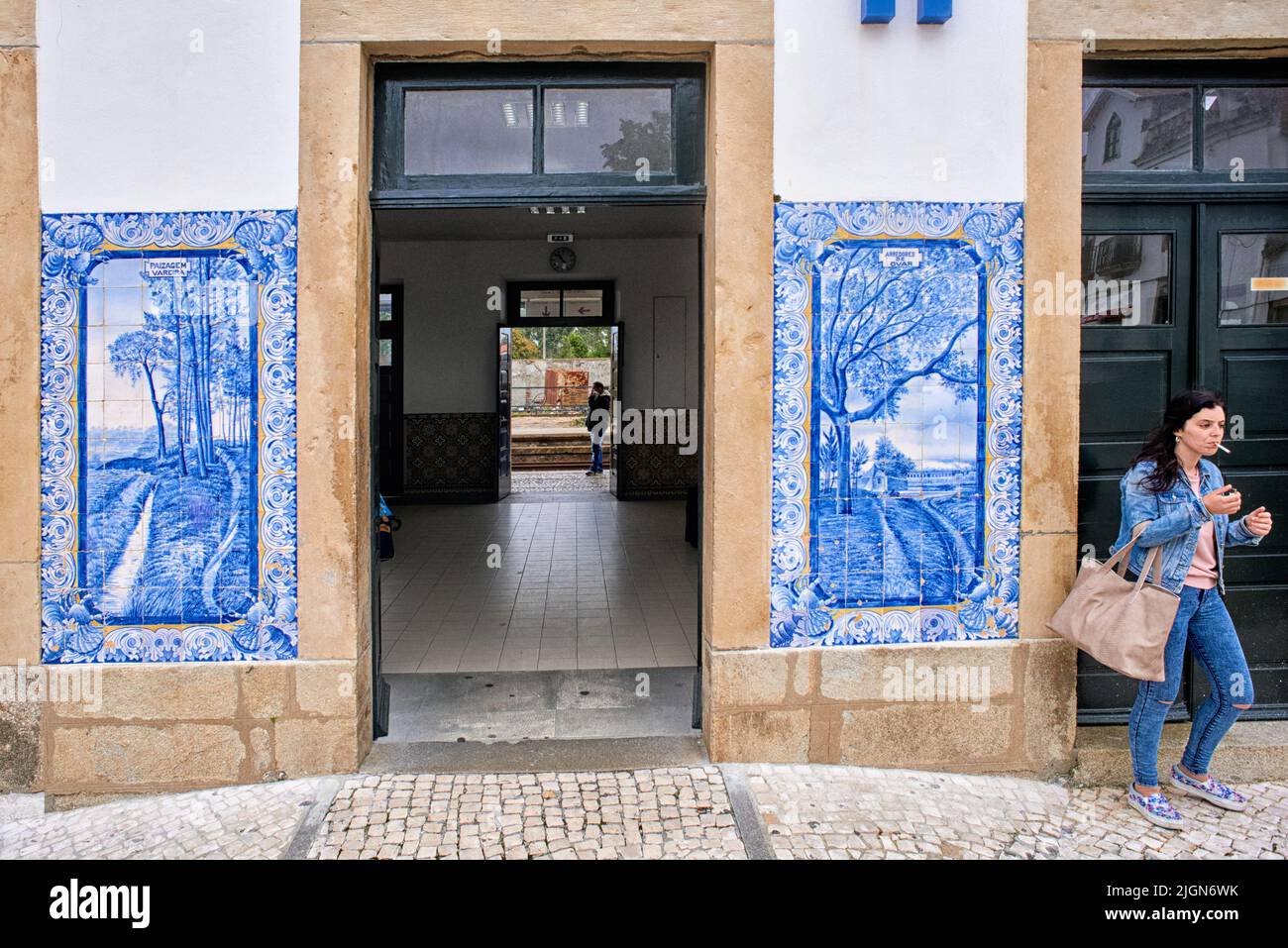 Platten aus Azulejos, Fliesen, an einer Wand des Bahnhofs von Vila franca da Xira, Portugal Stockfoto