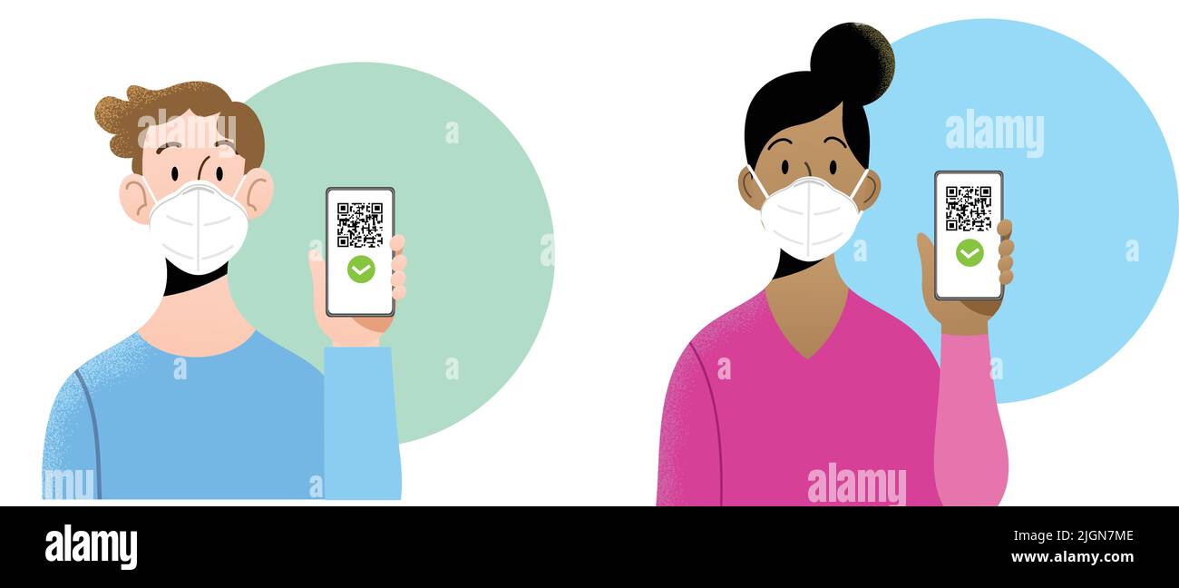 Junger Mann und Frau mit FFP2 Masken, die das Smartphone mit QR-Code auf dem Bildschirm halten. Konzept des digitalen Sanitär-Passes oder des Europäischen Grünen Passes. Stock Vektor