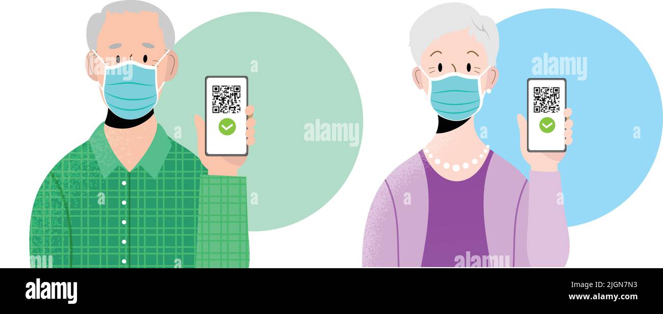 Alter Mann und Frau tragen blaue OP-Masken und halten das Smartphone mit QR-Code auf dem Bildschirm. Konzept des digitalen Sanitär-Passes oder des Europäischen Grünen Passes. Stock Vektor