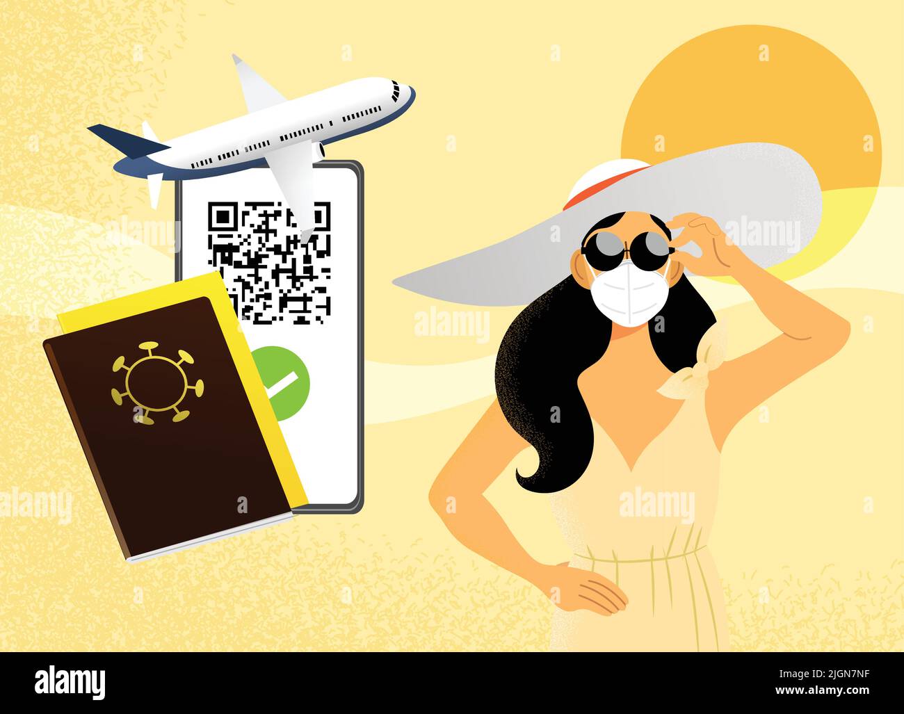 Junge Frau mit FFP2 Maske in Sommerkleidung und Sonnenbrille. Reisende im Urlaub. Konzept der Reisegenehmigung mit Impfpass. Stock Vektor