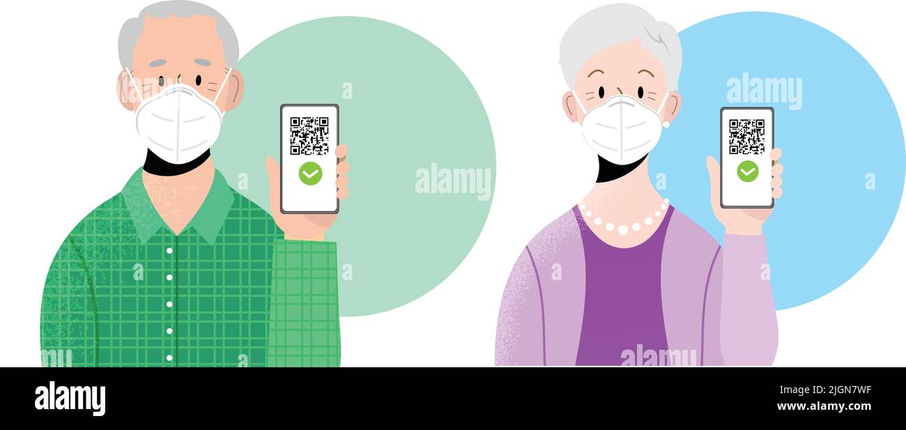 Alter Mann und Frau mit FFP2 Masken, die Smartphone mit QR-Code auf dem Bildschirm halten. Konzept eines digitalen Sanitär-Passes, eines europäischen Grünen Passes oder eines Impfpasses. Stock Vektor