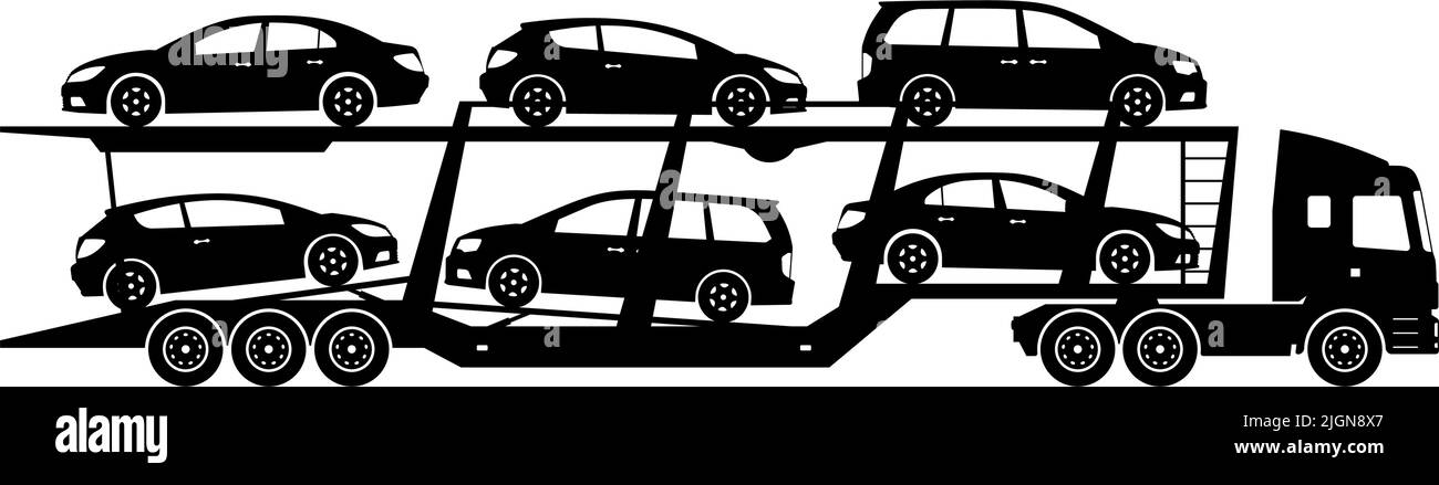 Autoträger LKW Silhouette auf weißem Hintergrund. Monochrome Fahrzeugsymbole stellen die Ansicht von der Seite ein Stock Vektor
