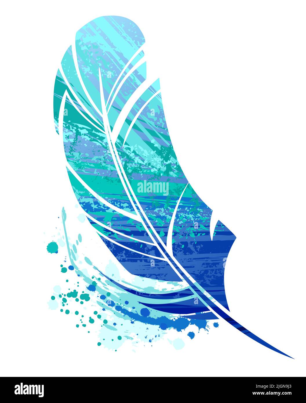 Kleine Vogelfeder übermalt mit großen Striche aus blauer und türkisfarbener Acrylfarbe auf weißem Hintergrund. Schlampige Zeichnung Stock Vektor