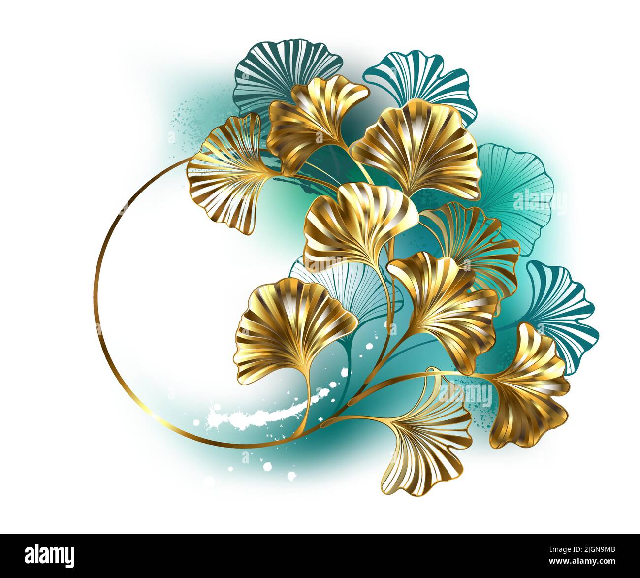 Monogramm mit Zweig mit Schmuck, Gold und grünen Blättern von Ginkgo biloba auf hellem, grün gemaltem Hintergrund. Stock Vektor