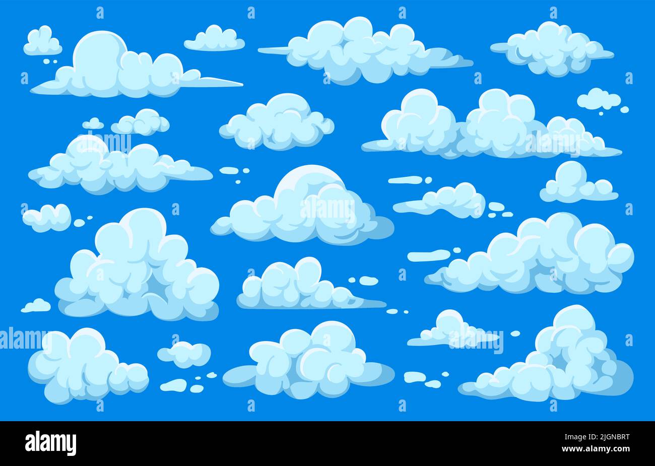 Cartoon-Wolken. Spiel ui Asset mit Himmel Himmel Szene, Sommer bewölkt Hintergrund mit Cumulus Wolken. Vector 2D Sprite Set aus Dampf, Nebel und Rauch Stock Vektor