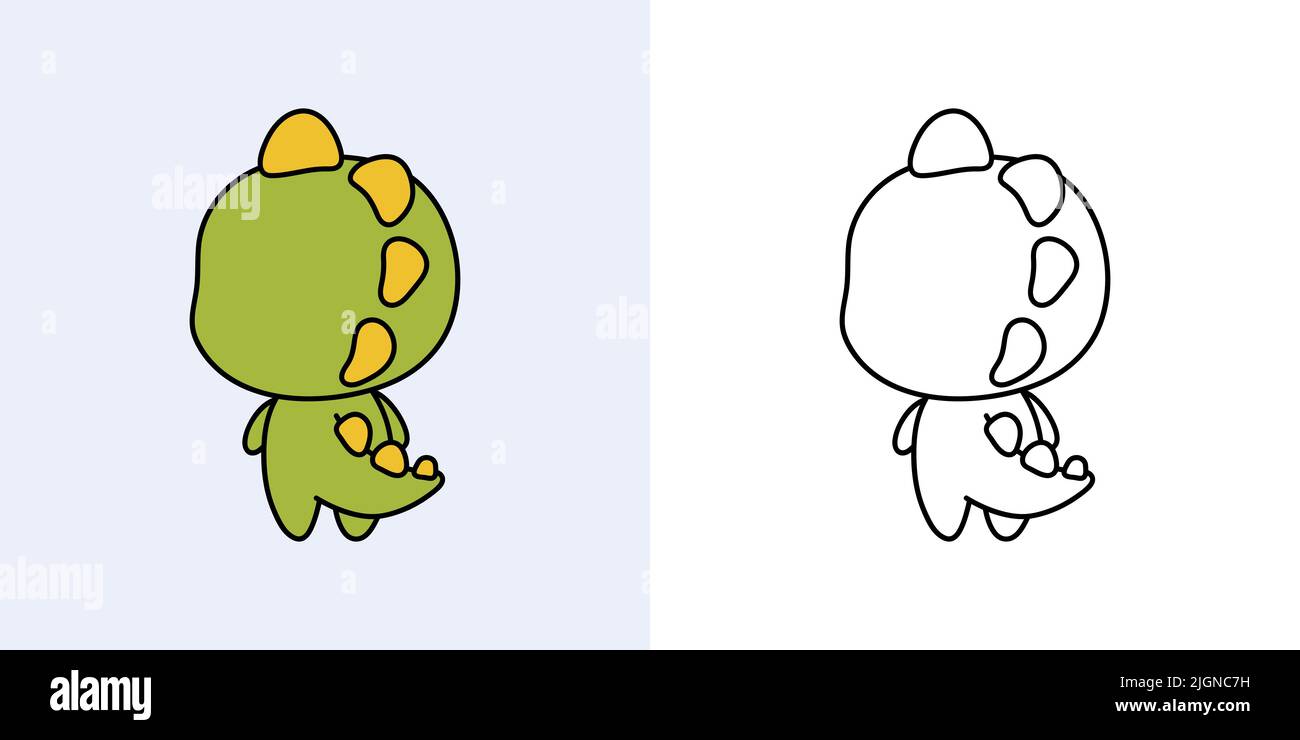 Dino Clipart Multicolor und Schwarz-Weiß. Schöner Clip Art Dinosaurier. Vektor-Illustration eines Kawaii-Tieres für Drucke für Kleidung, Aufkleber Stock Vektor