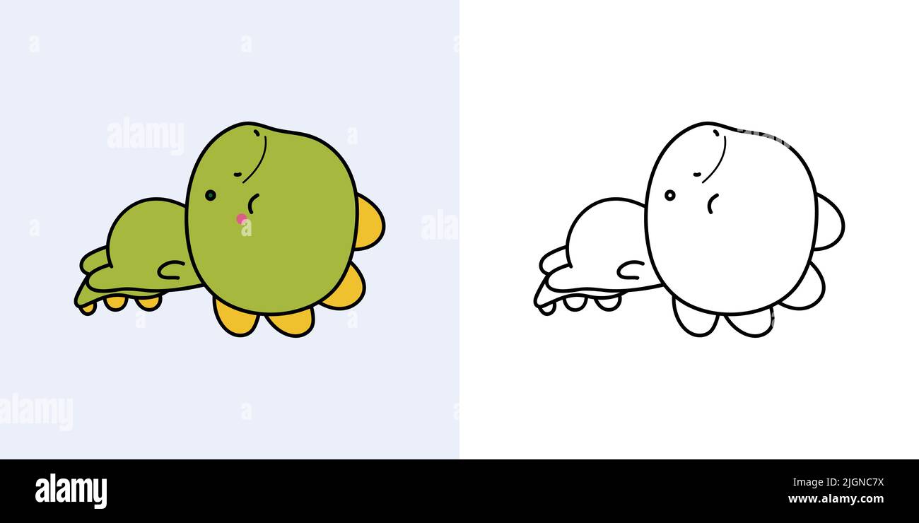 Dinosaurier Clipart für Malseite und mehrfarbige Illustration. Entzückender Clip Art Dino. Vektor-Illustration eines Kawaii-Tieres für Malvorlagen Stock Vektor