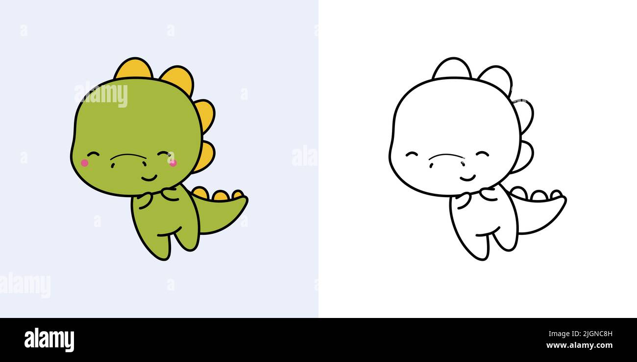 Kawaii Clipart Dinosaur Illustration und für Malvorlagen. Witziges Kawaii Dino. Vektor-Illustration eines Kawaii-Tieres für Aufkleber, Babydusche Stock Vektor
