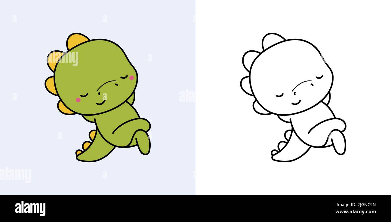 Set Clipart Dinosaur Multicolor und Black and White. Kawaii Clip Art Dino. Vektor-Illustration eines Kawaii-Tieres für Drucke für Kleidung, Aufkleber Stock Vektor