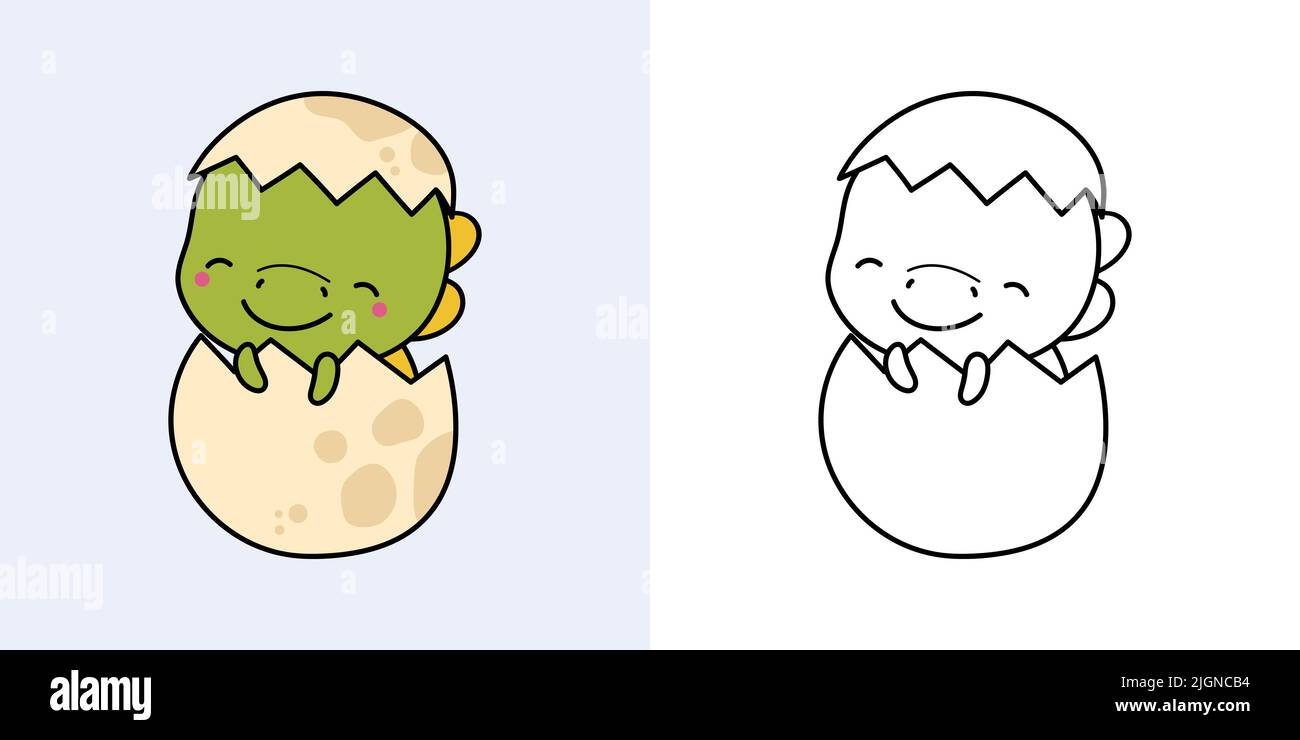 Set Clipart Dinosaur Coloring Page und farbige Illustration. Clip Art Kawaii Dino. Vektor-Illustration eines Kawaii-Tieres für Malvorlagen, Drucke Stock Vektor