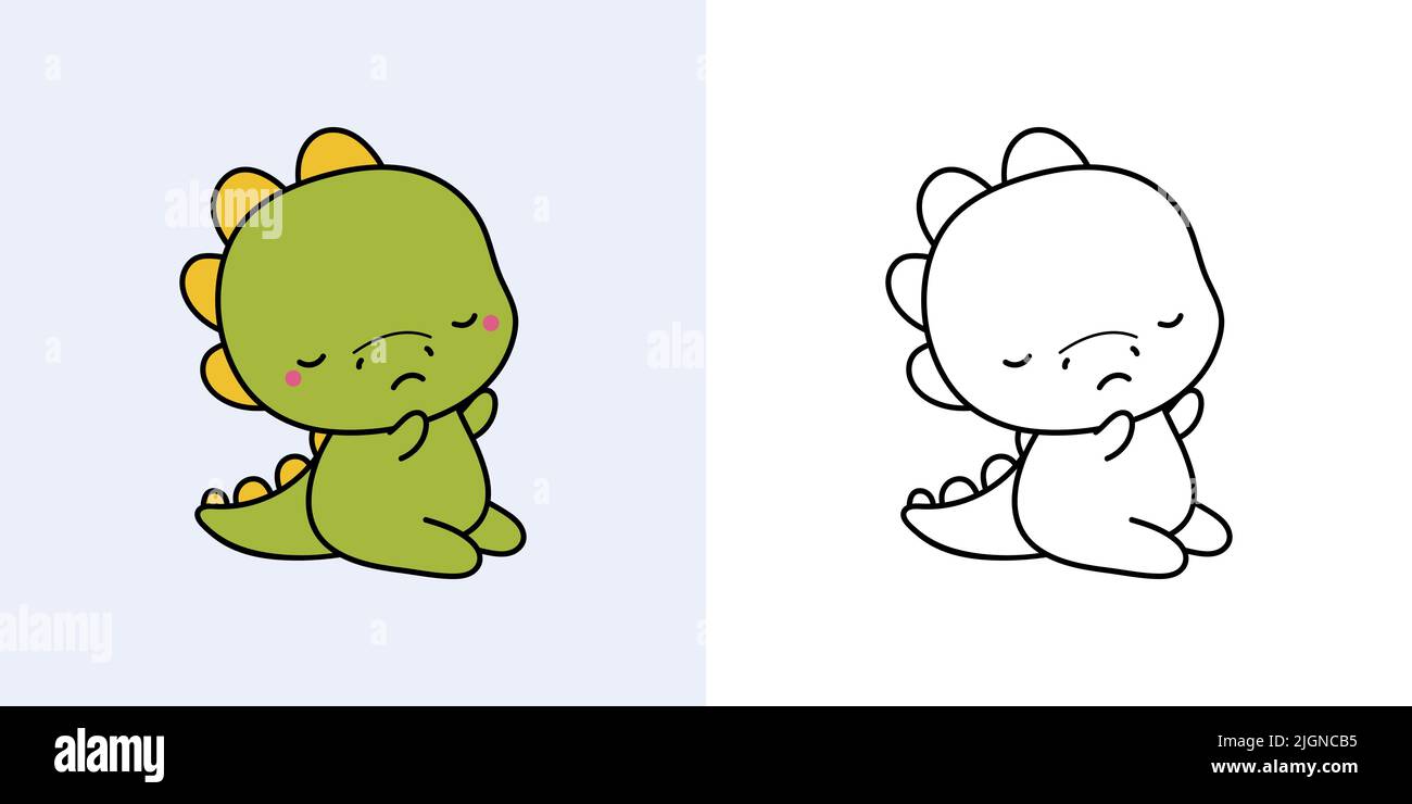 Cute Clipart Dino Illustration und zum Ausmalen Seite. Cartoon Clip Art Dinosaurier. Vektor-Illustration eines Kawaii-Tieres für Aufkleber, Babydusche Stock Vektor
