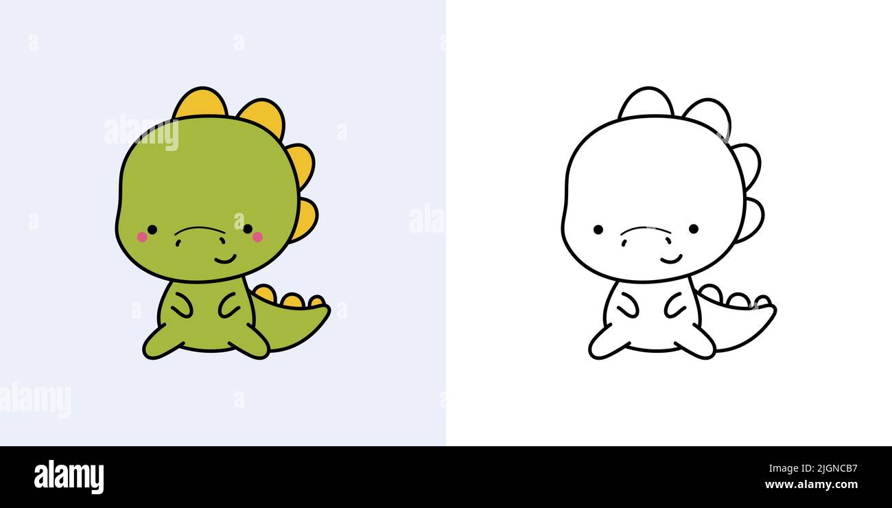 Kawaii Dinosaur Clipart Multicolor und Black and White. Süßes Kawaii Dino. Vektor-Illustration eines Kawaii-Tieres für Aufkleber, Drucke für Kleidung Stock Vektor
