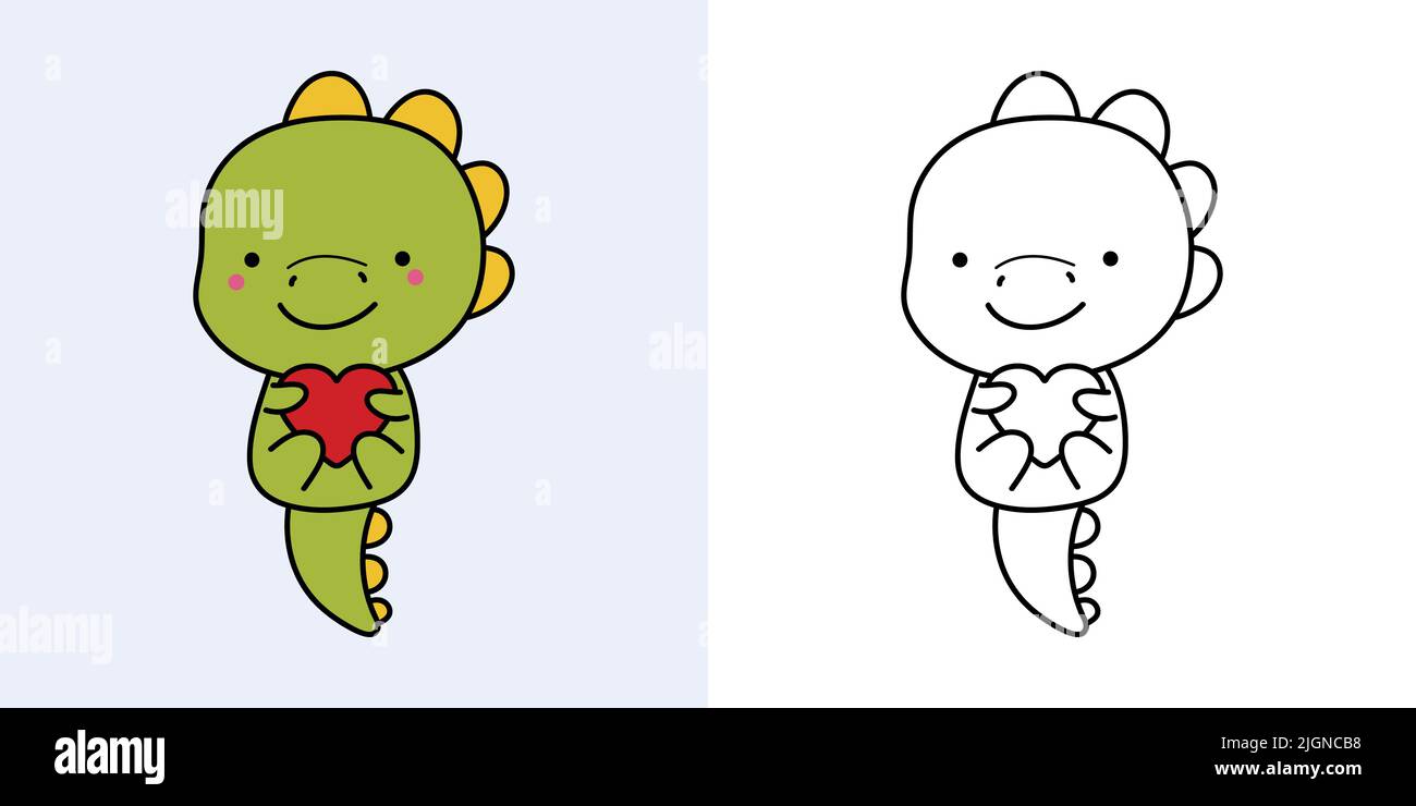 Clipart Dino Multicolor und Schwarz-Weiß. Niedlicher Clip Art Dinosaurier. Vektor-Illustration eines Kawaii-Tieres für Aufkleber, Babydusche, Färbung Stock Vektor