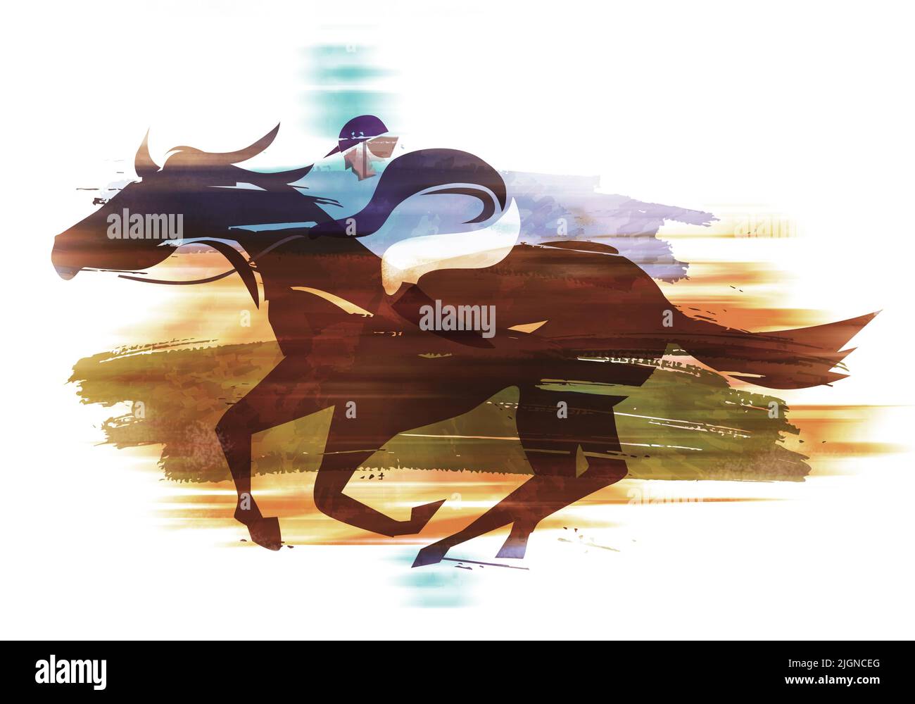 Rennpferd, Jockey laufen Aktion. Ausdrucksstarke Darstellung des Jockeys auf dem Pferd bei voller Geschwindigkeit. Imitation der Aquarellmalerei. Stockfoto