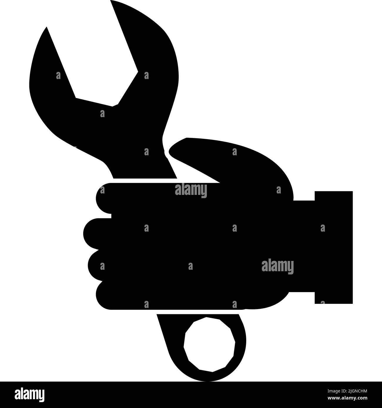 Hand halten Reparaturschlüssel Symbol auf weißem Hintergrund. Flacher Stil. Hand halten Schlüssel Zeichen. Werkzeug-Symbol. Flacher Stil. Stockfoto