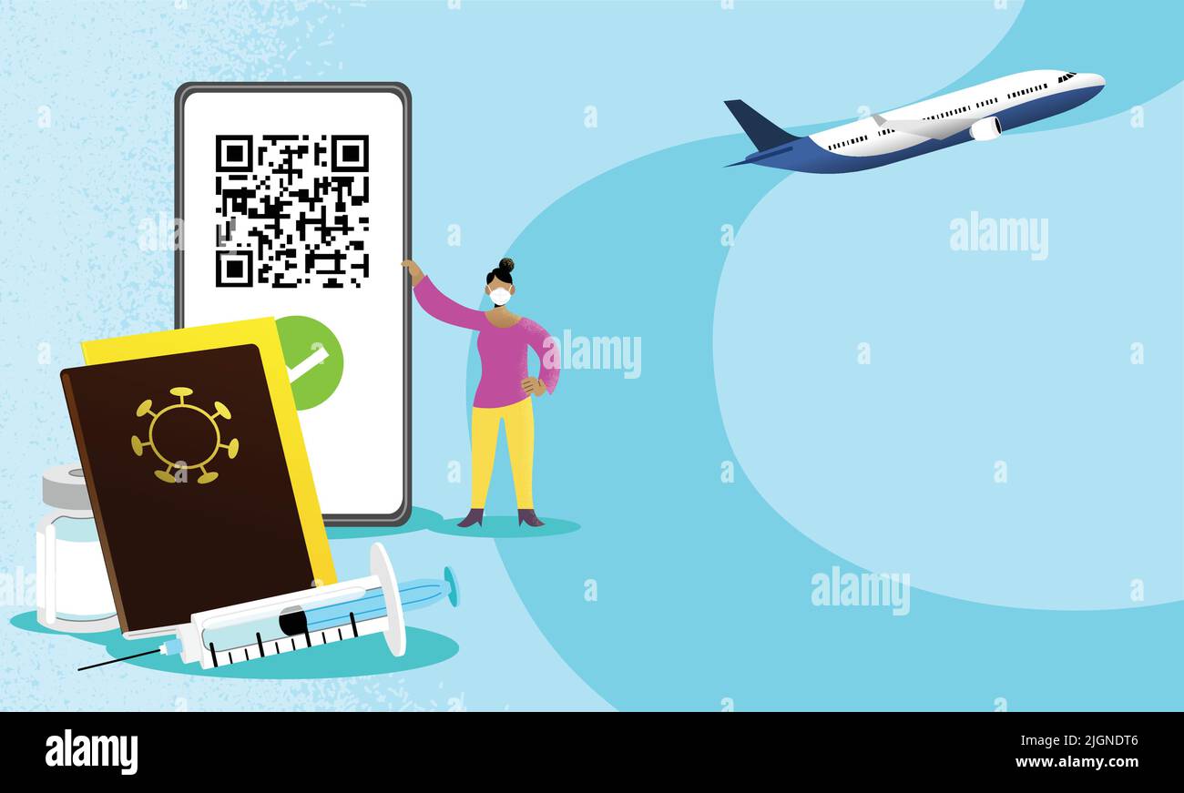 Frau mit Smartphone und QR-Code auf dem Bildschirm. Konzept der Reisegenehmigung mit Impfpass und digitalem Hygienepass. Stock Vektor