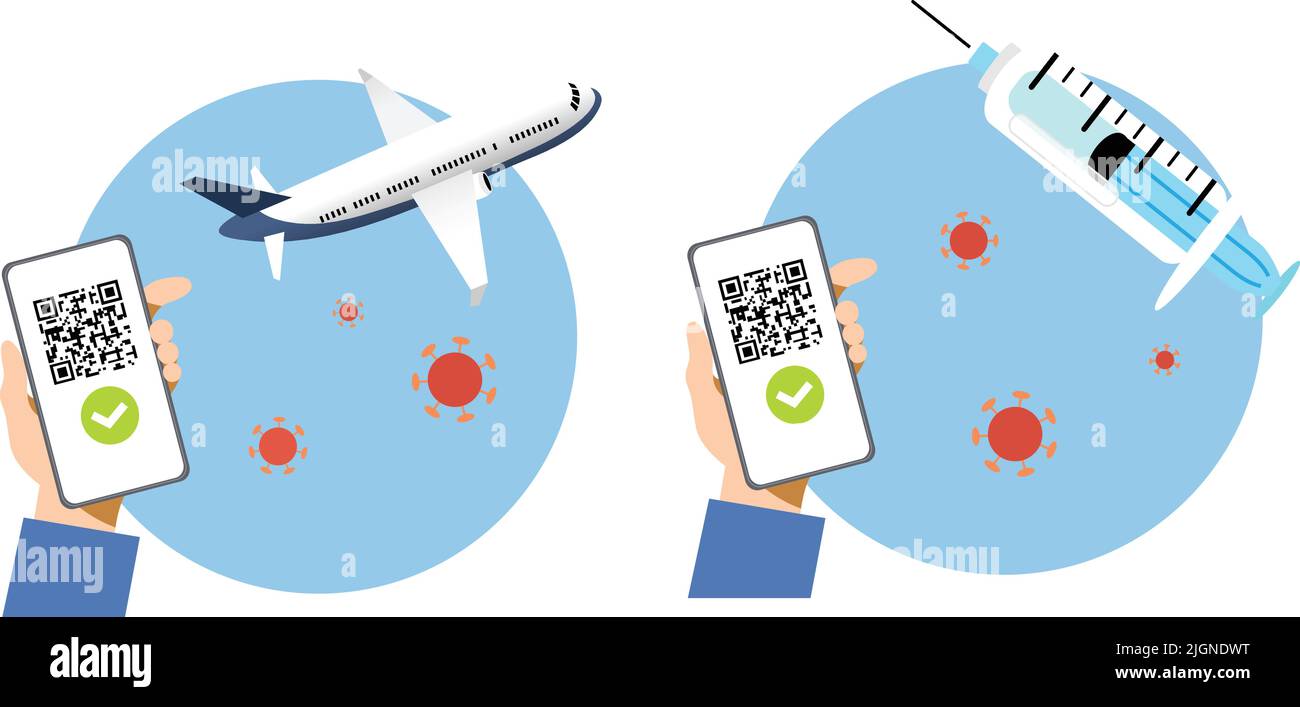 Smartphone in der Hand mit QR-Code auf dem Bildschirm- digitales Sanitär-Green-Pass-Konzept- Reisegenehmigung Stock Vektor