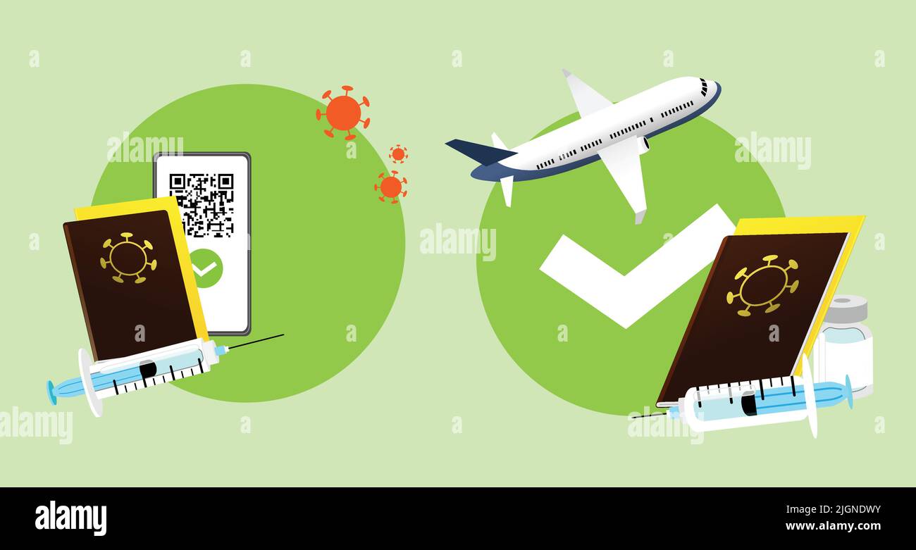 Impfpass und digitaler sanitärer Grünpass- Immunitätszertifikat und Impfpass-QR-Code auf dem Smartphone-Bildschirm Stock Vektor