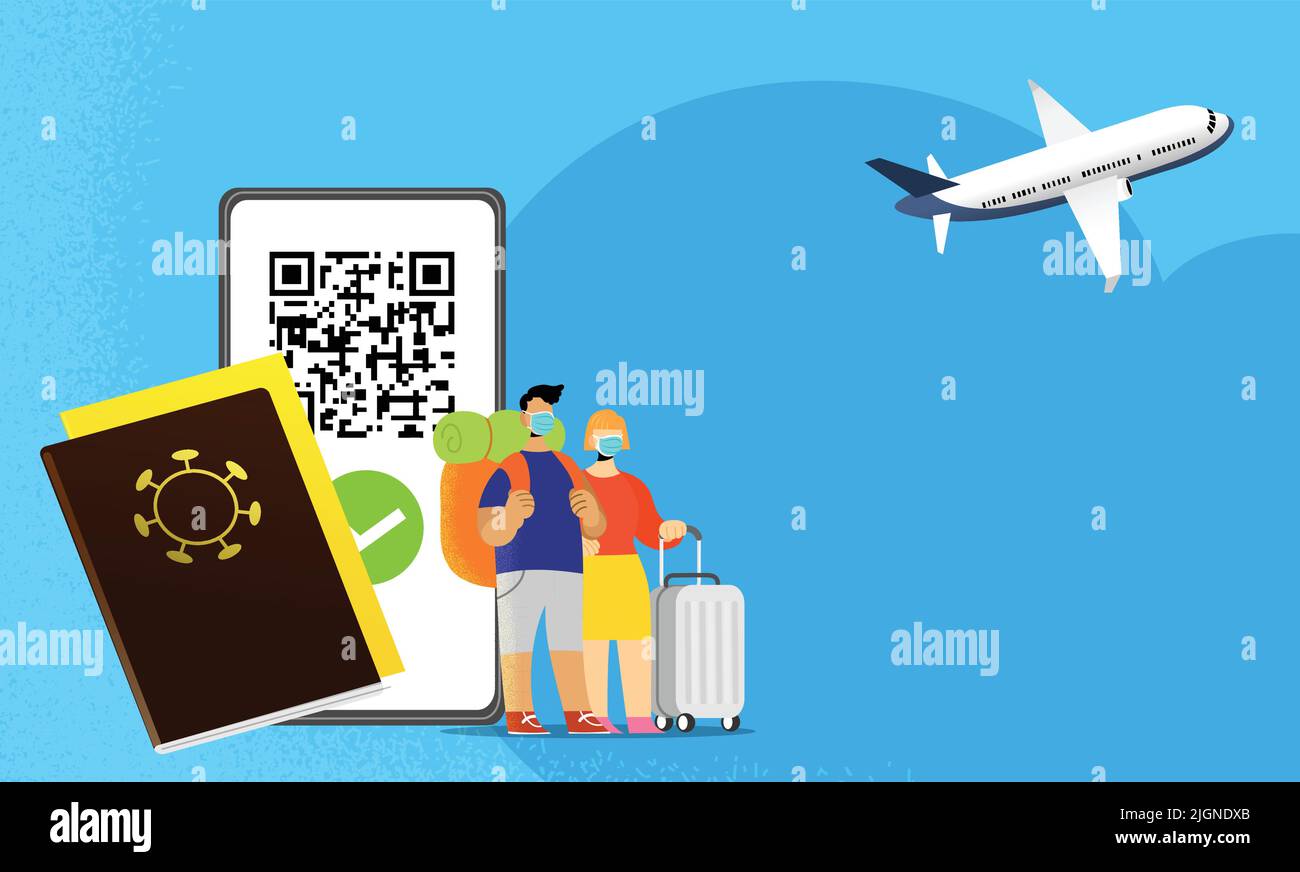 Impfpass und digitaler sanitärer grüner Pass- Zertifikat für Immunität und Impfung- Paar Reisende mit schützenden chirurgischen Masken Stock Vektor