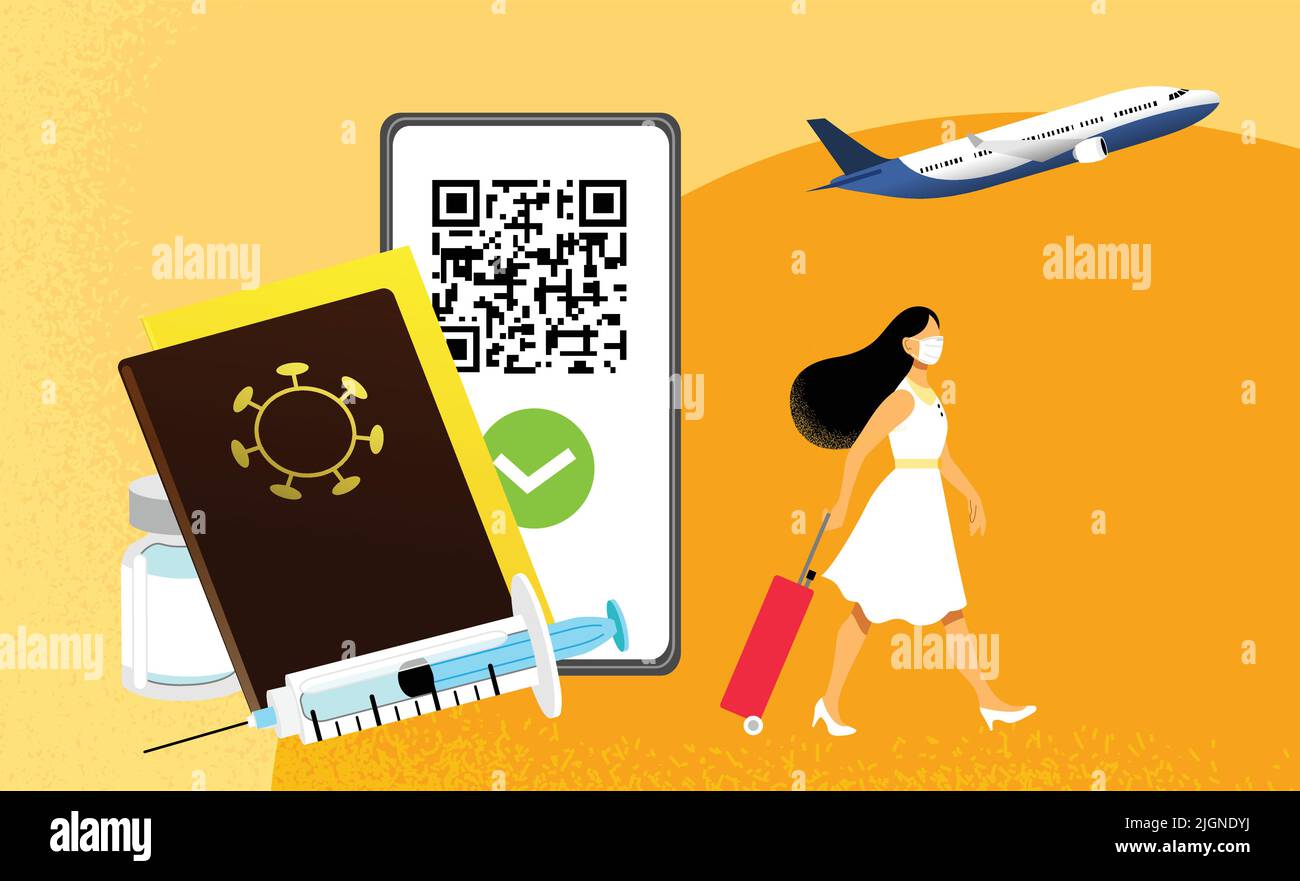 Impfpass und digitaler sanitärer Grünpass- Zertifikat für Immunität und Impfung-Junge voyager-Dame mit Koffer Stock Vektor