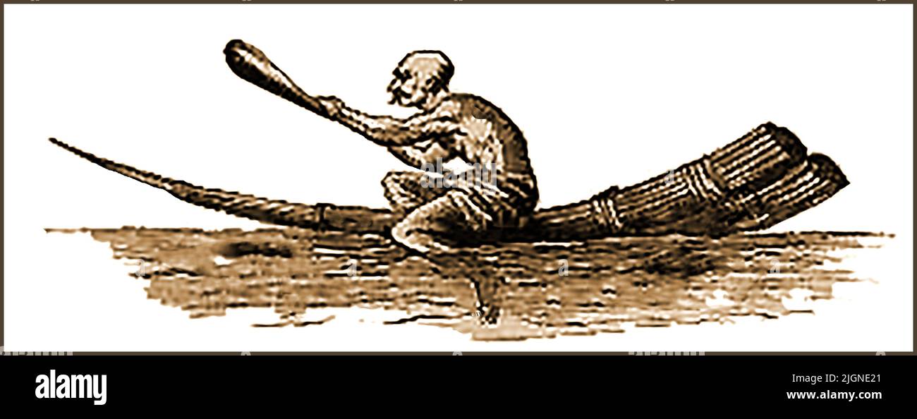 Ein Stich aus den 1880er Jahren, der ein ein-Mann-Papyrus-Schilfboot in Ägypten zeigt Stockfoto