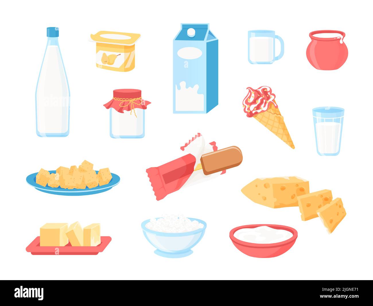 Milchprodukte. Cartoon Milch in Flasche, Packung und Glas, Käse Joghurt Eis Butter und Cremes, gesundes Frühstück Mahlzeit. Vector Milcherzeugnisse Stock Vektor