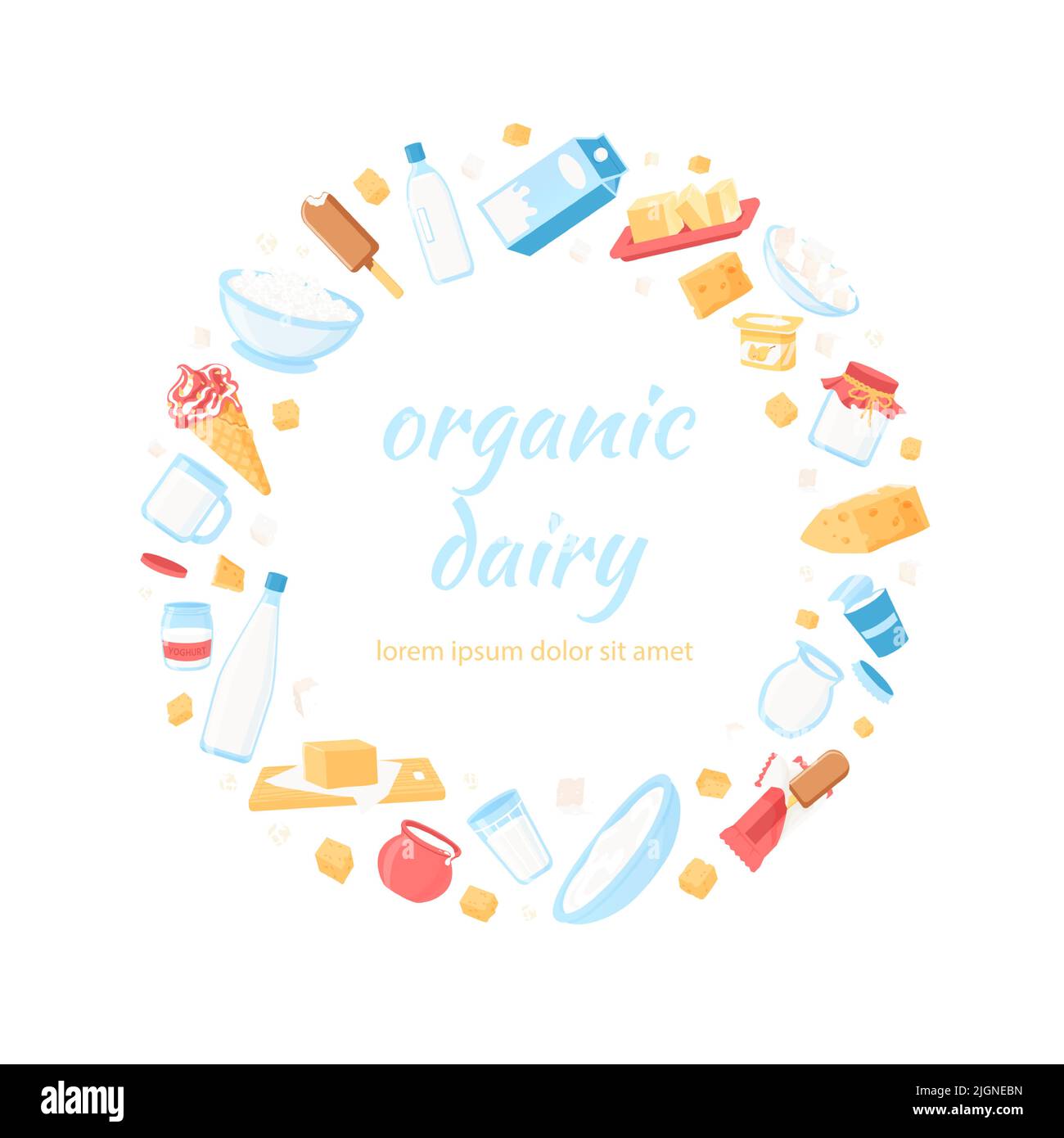 Milchprodukte im Kreis. Cartoon Milchprodukte in runder Form platziert, gesunde Bio-Lebensmittel-Konzept. Vector Käse Joghurt Quark Butter isoliert Stock Vektor