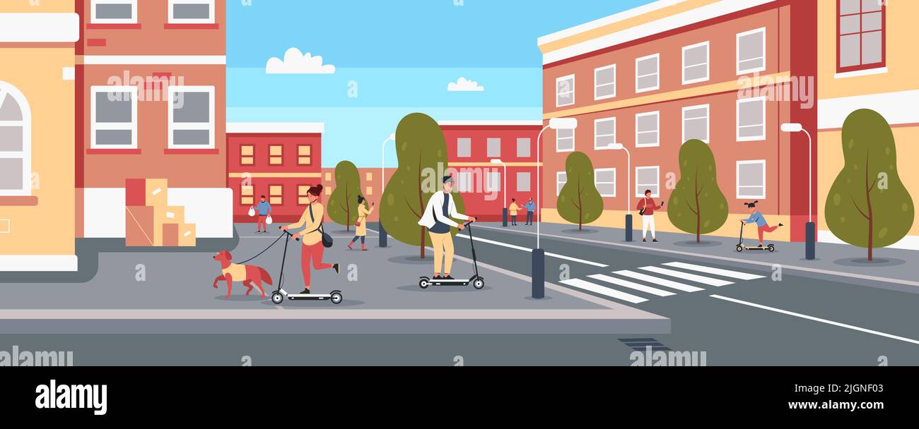 Menschen auf dem Roller in der Stadt. Cartoon-Figuren fahren Elektroroller im Straßenverkehr, modernen Stadtverkehr, Roller-Verleih-Konzept. Vektorgrafik urban Stock Vektor