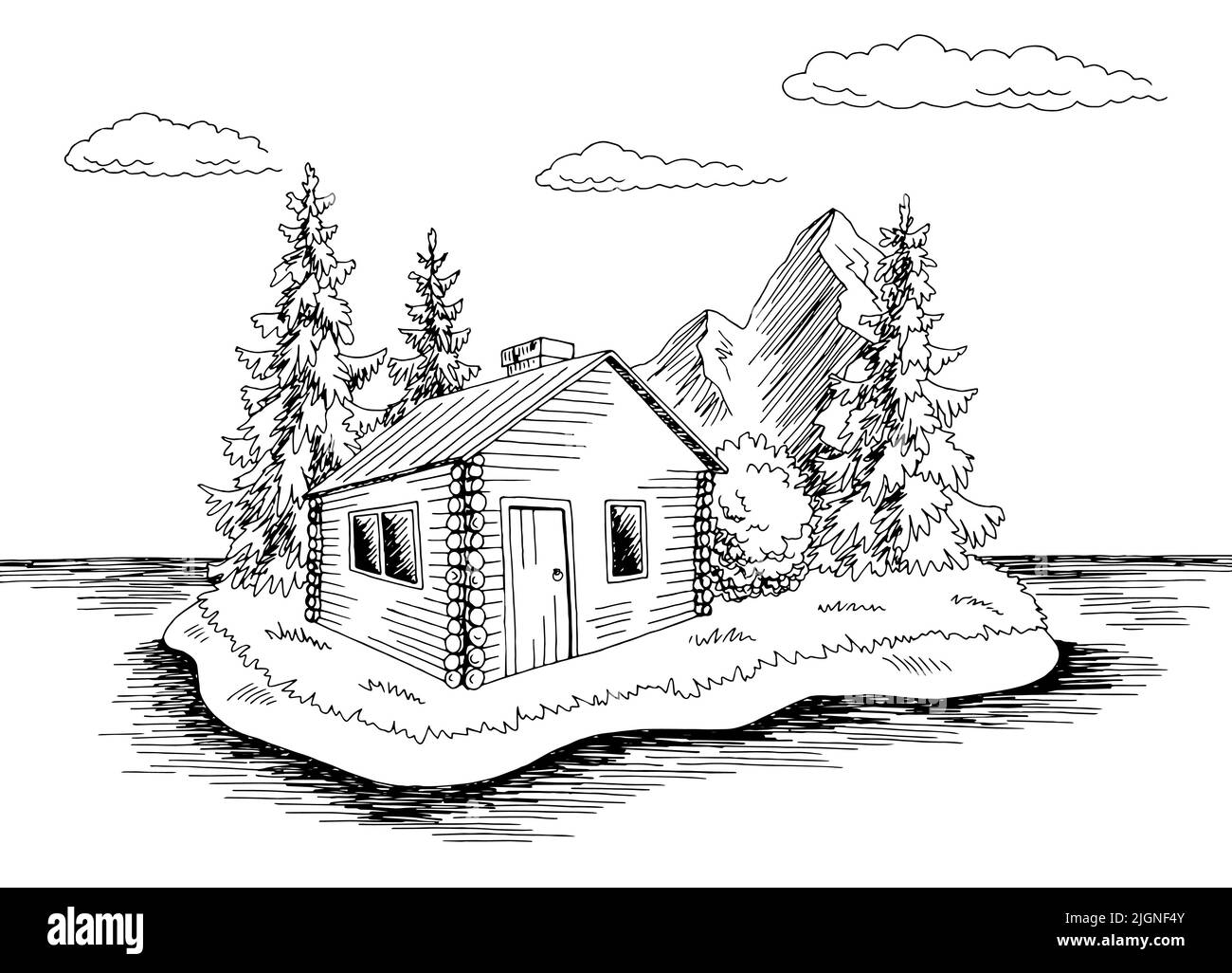 Inselhaus Grafik schwarz weiß Landschaft Skizze Illustration Vektor Stock Vektor