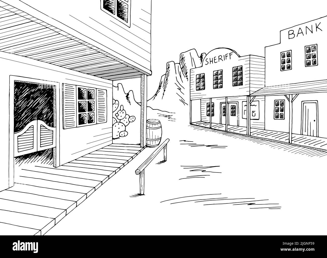 Wild West Street Grafik schwarz weiß Prärie Landschaft Skizze Illustration Vektor Stock Vektor